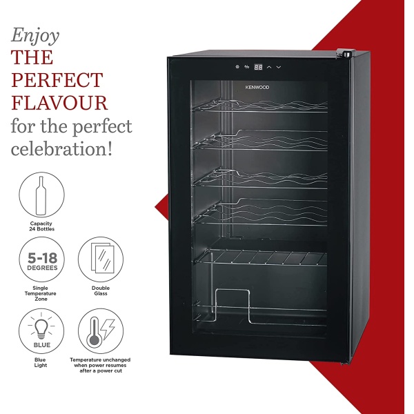 KENWOOD Beverage Cooler 24 Bottles Wine Cooler Refrigerator with Double Glass Door, Blue Light, Smart Temperature Control BCM24.000BK Black - Image 4