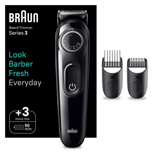 Beard Trimmer 3 BT3410 With Precision Wheel, 3 styling tools, 50min runtime, grey