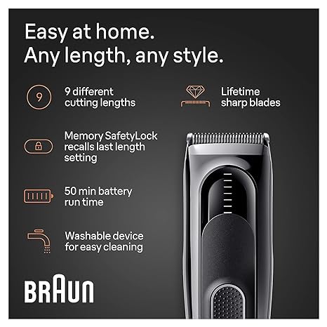 Braun Hair Clippers Series 5 5310, Hair Clippers for Men, Hair Clip from Home with 9 Length Settings, Incl. Memory SafetyLock Recall Setting, Ultra-Sharp Blades, 2 Combs - Image 2